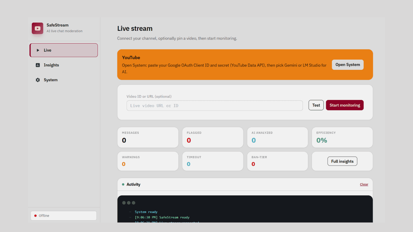 SafeStream dashboard showing live YouTube chat moderation, AI verdicts, and stats